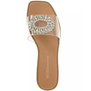 BCBG Lorinda Flat Sandals Clear/Tan Rhinestones 8.5M NEW in Box